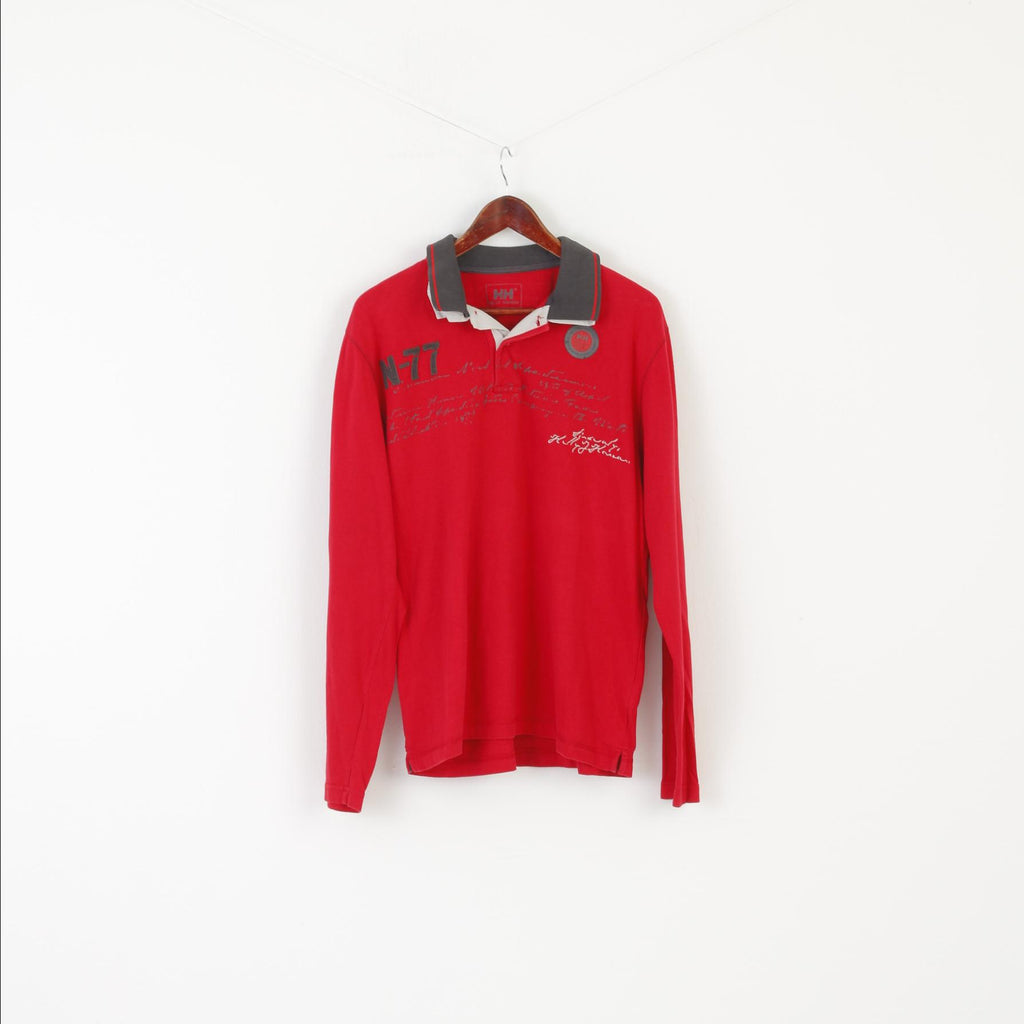 Helly Hansen Men L Polo Shirt Red Cotton Long Sleeved Vintage N-77 Top