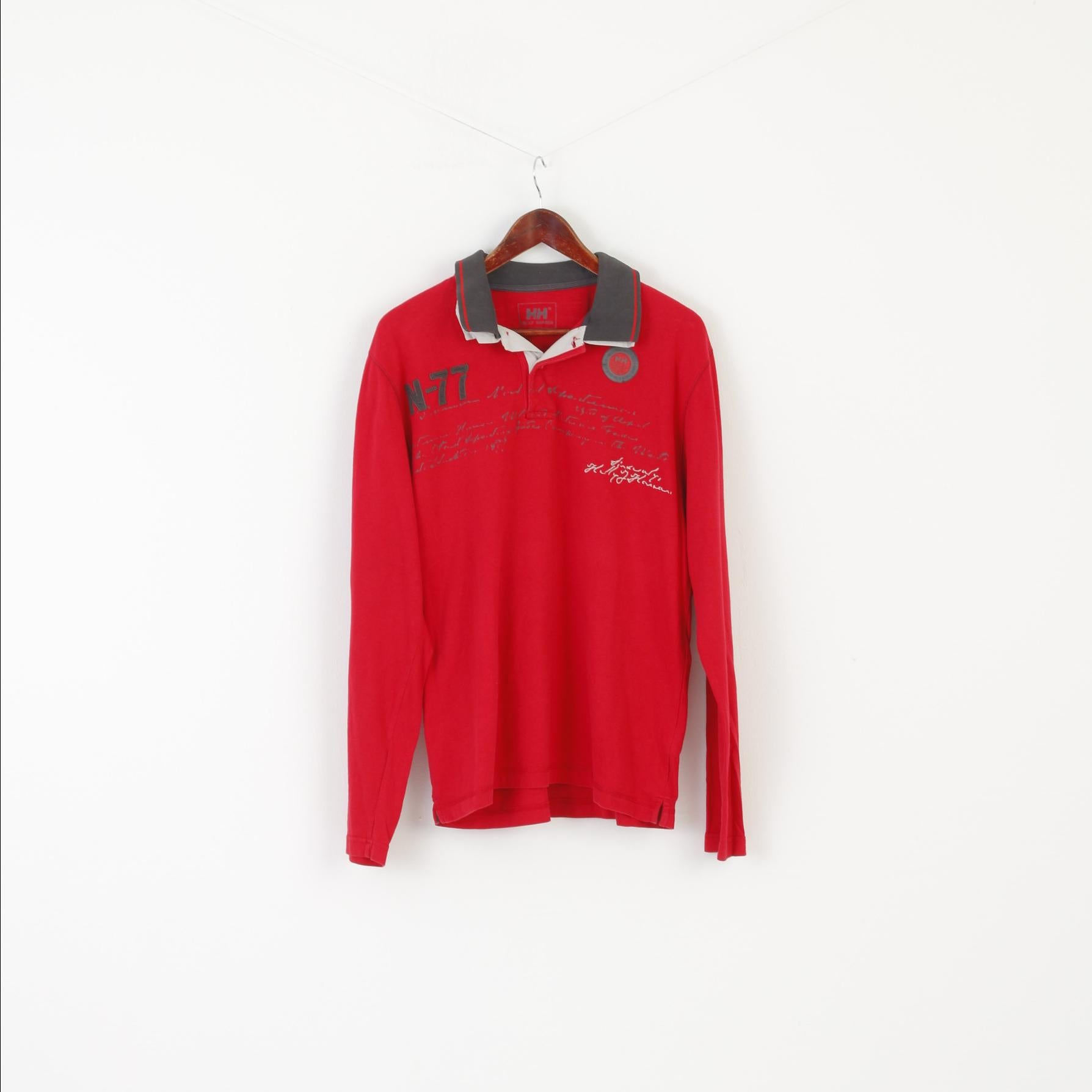 Helly Hansen Men L Polo Shirt Red Cotton Long Sleeved Vintage N-77 Top