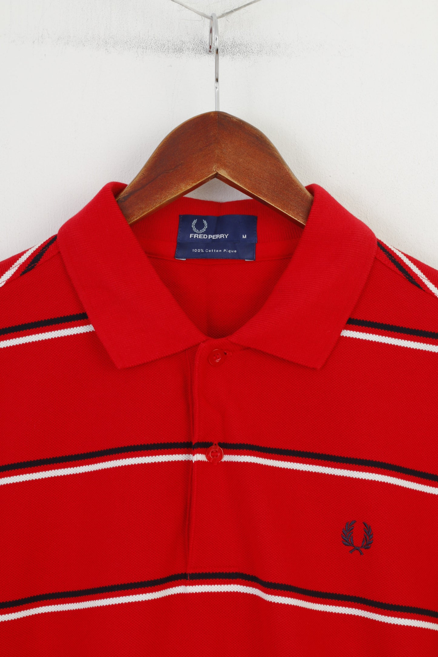 Polo Fred Perry da uomo M Polo in piqué di cotone rosso con bottoni dettagliati a righe Top vintage 