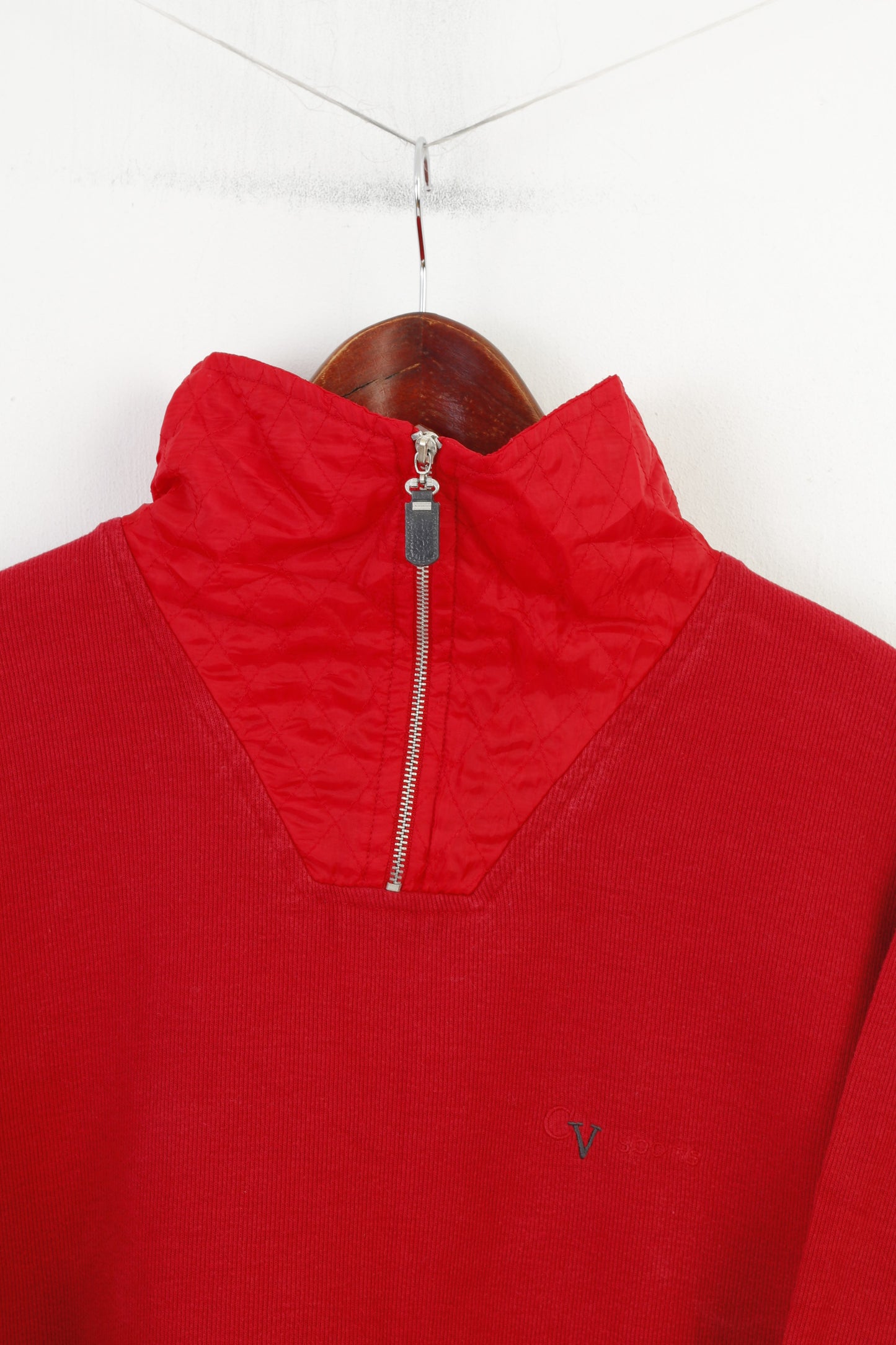 Color Ville Hommes XL Jumper Rouge Coton Pull Zip Neck Vintage Sports Top 