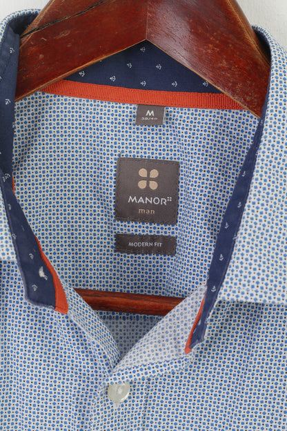 Manor Men M Casual Shirt Blue Dots Cotton Vintage Short Sleeve Top