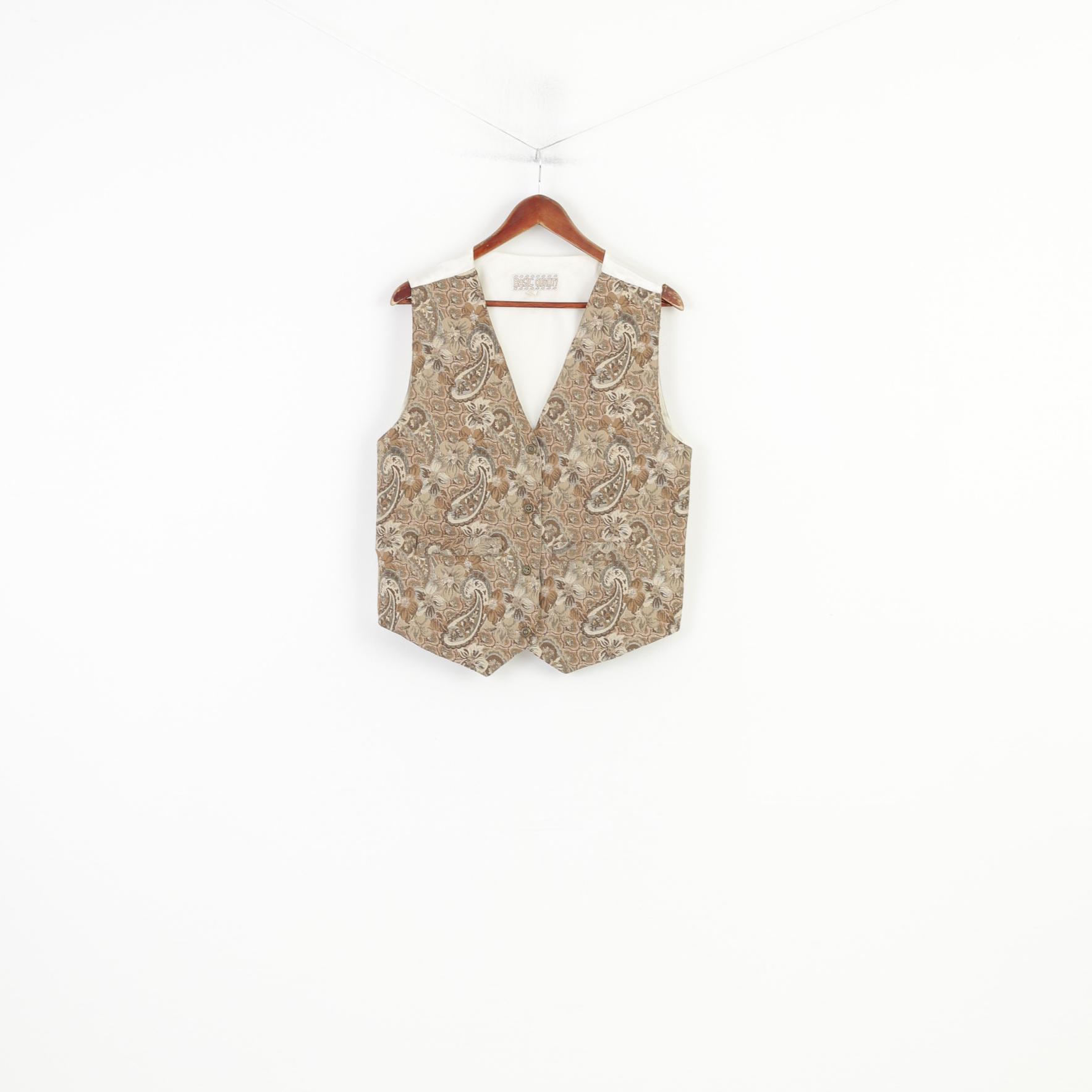 Basic Quality Women 44 L Vest Waistcoat Brown Vintage Embroidered Cotton Bottoms V Neck Top