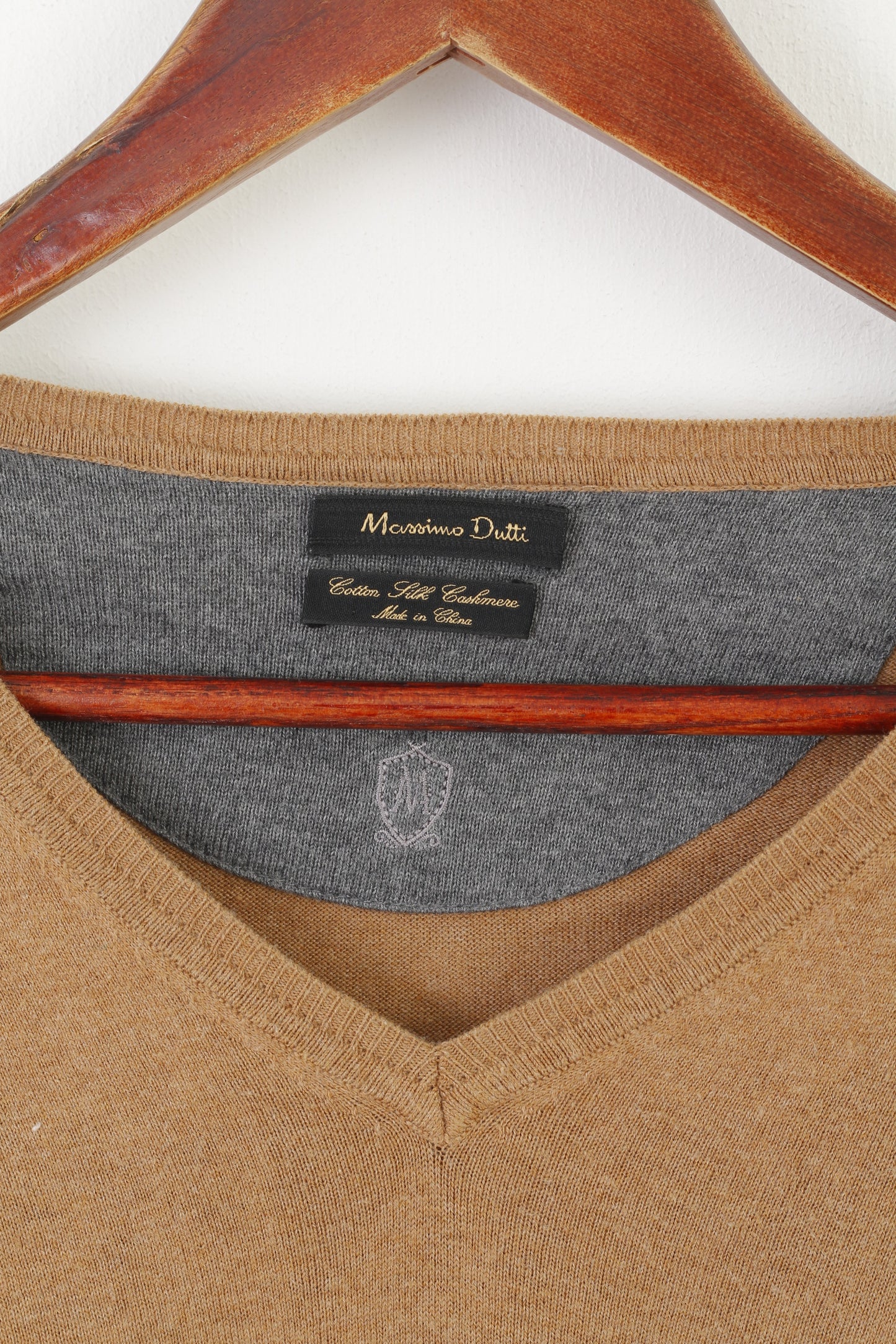 Massimo Dutti Men L Jumper Marron Coton Doux Classique Vintage Logo Pull