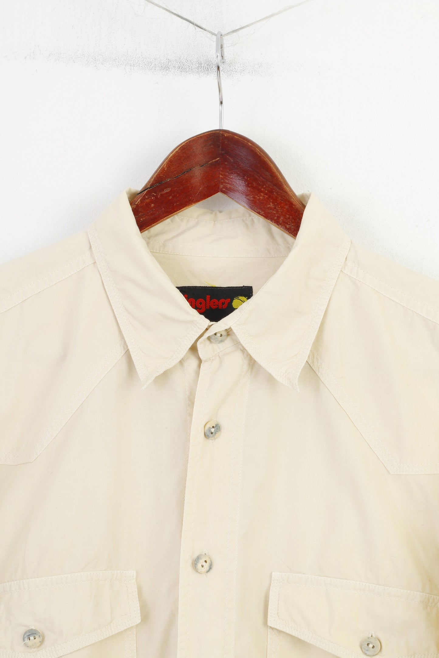 Jinglers Camicia casual da uomo L in cotone beige a maniche corte con tasche e colletto vintage