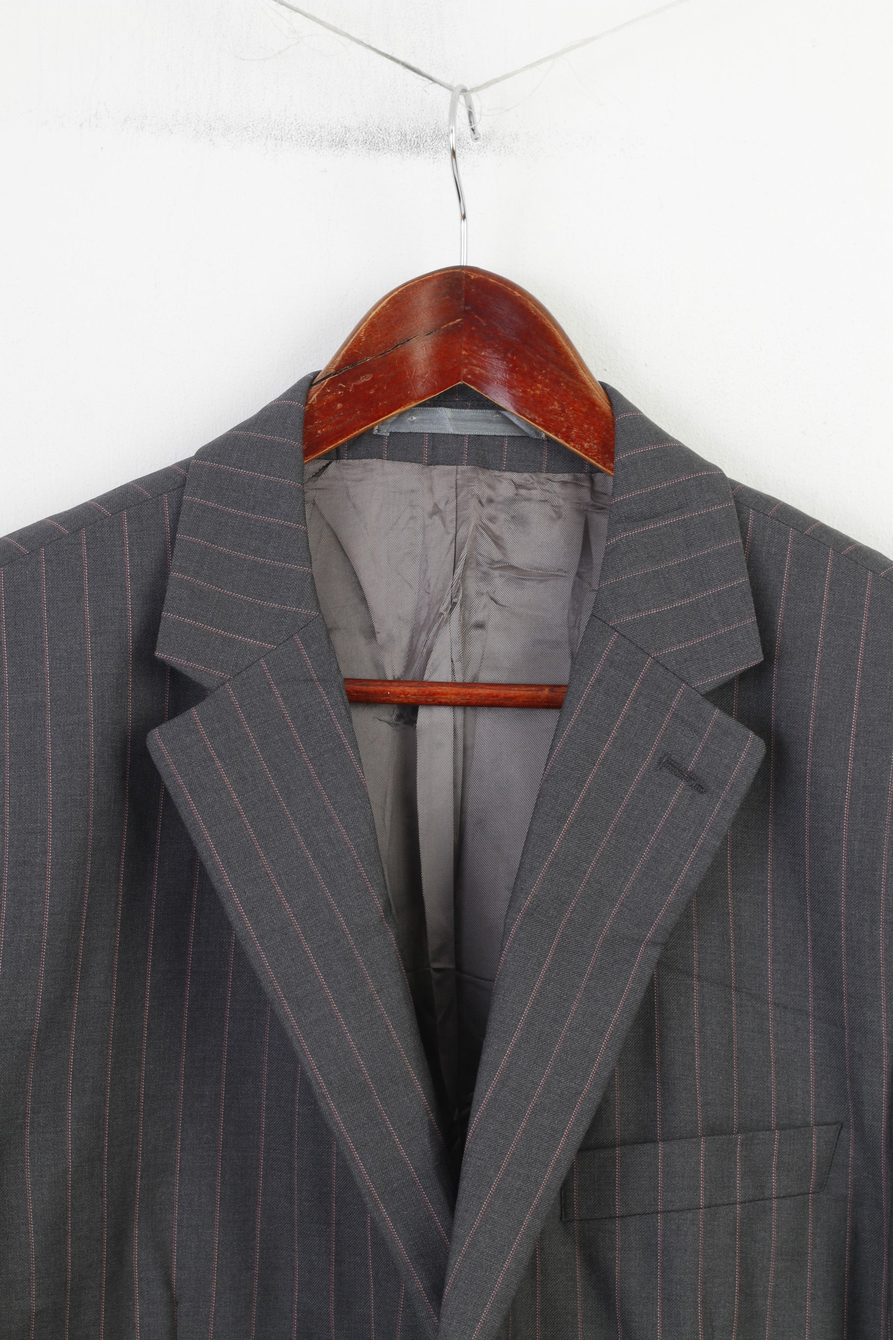 Stvdio Jeff Banks Men 44 54 Blazer Grey Single Breasted Wool Shoulder Pads Long Striped Jacket