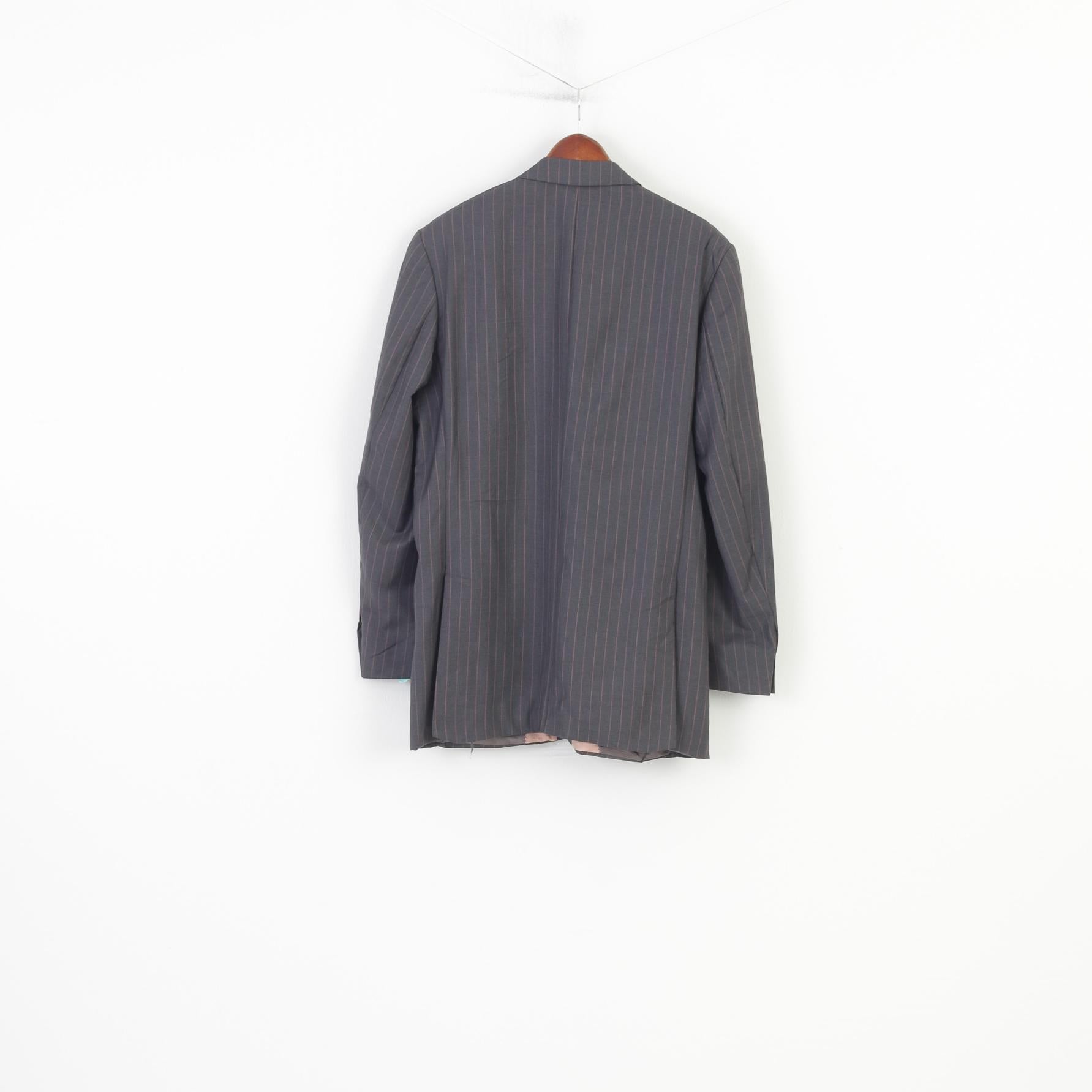 Stvdio Jeff Banks Men 44 54 Blazer Grey Single Breasted Wool Shoulder Pads Long Striped Jacket