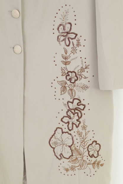 Doganer Women 44 L Coat Single Breasted Beige Shoulder Pads Embroidered Flowers Bottoms Collar Vintage Jacket