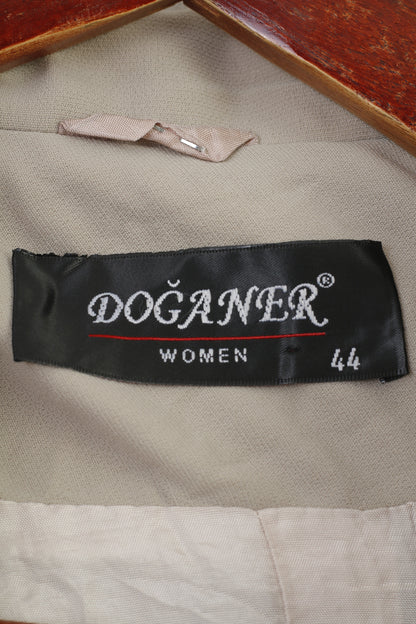 Doganer Women 44 L Coat Single Breasted Beige Shoulder Pads Embroidered Flowers Bottoms Collar Vintage Jacket