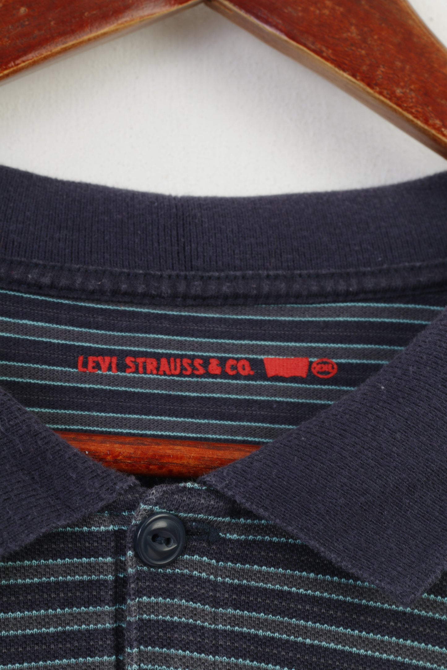 Levi Strauss &amp; Co Polo da uomo L Polo a maniche lunghe a righe blu scuro Classico top vintage Levi