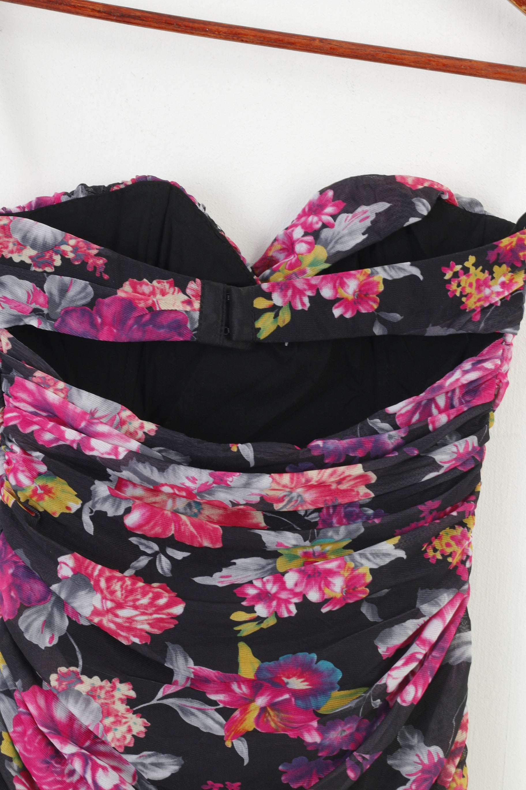 PussyCat London Women S Mini Dress Pink Bandeau Ruffles Black Flowers Party