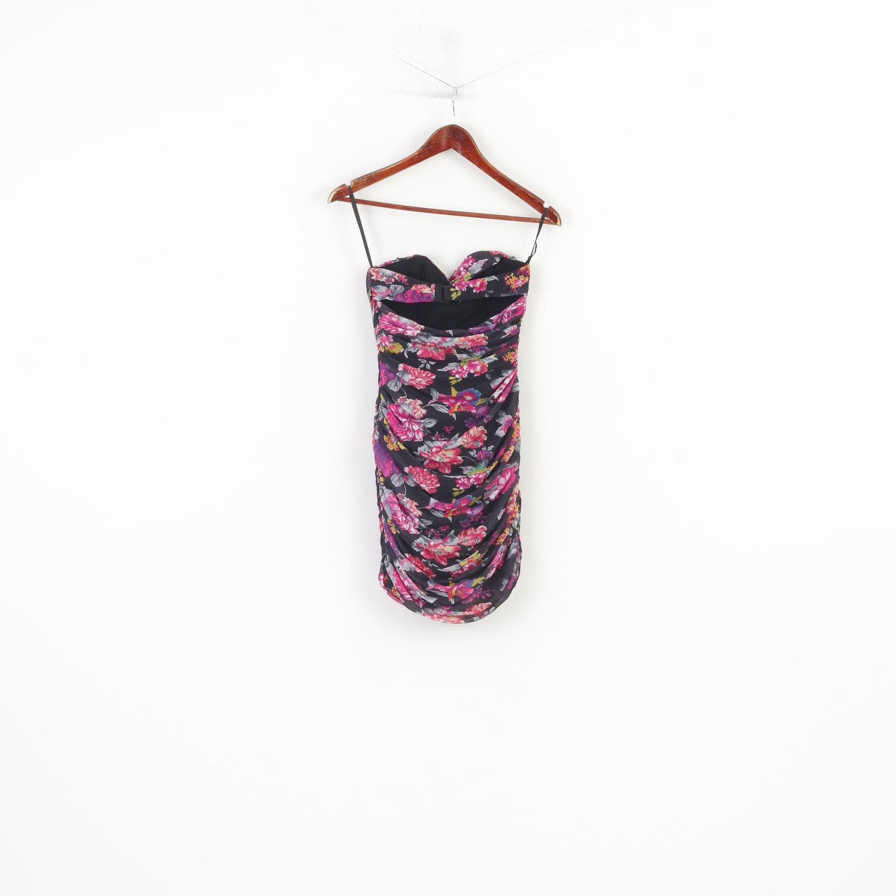 PussyCat London Women S Mini Dress Pink Bandeau Ruffles Black Flowers Party