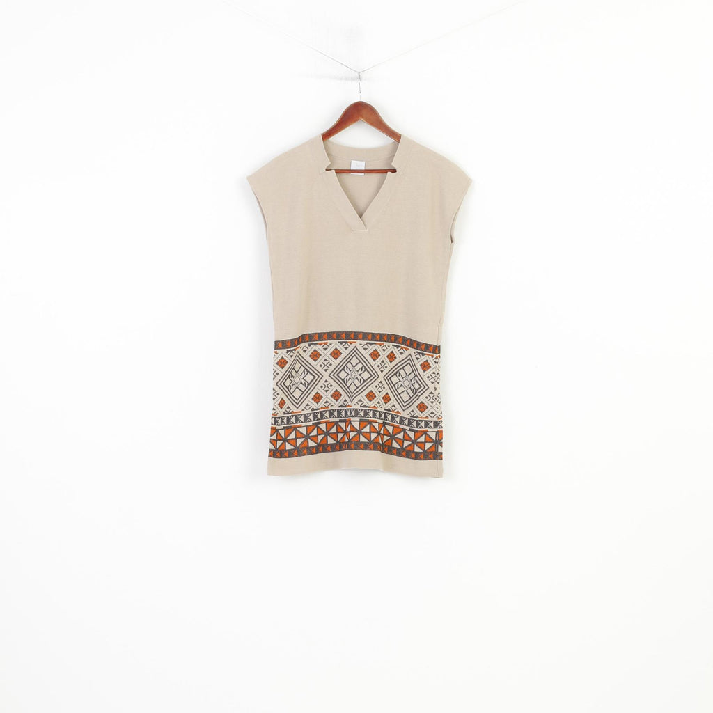 Madeleine Women M 10/12 Vest  Shirt Beige Cotton  V Neck Geometric Print Top