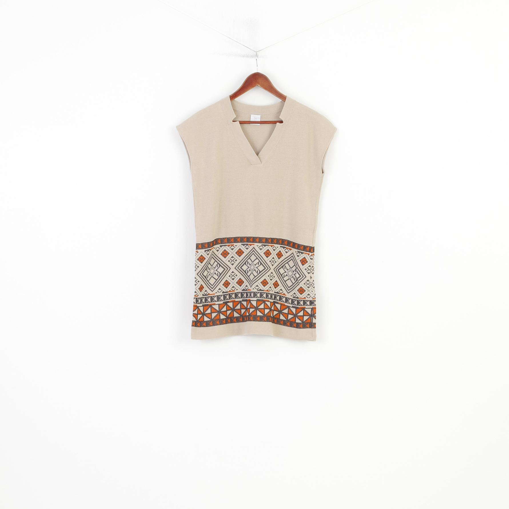 Madeleine Women M 10/12 Vest  Shirt Beige Cotton  V Neck Geometric Print Top