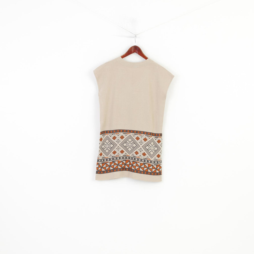 Madeleine Donna M 10/12 Canotta Camicia Beige Cotone Scollo a V Stampa geometrica