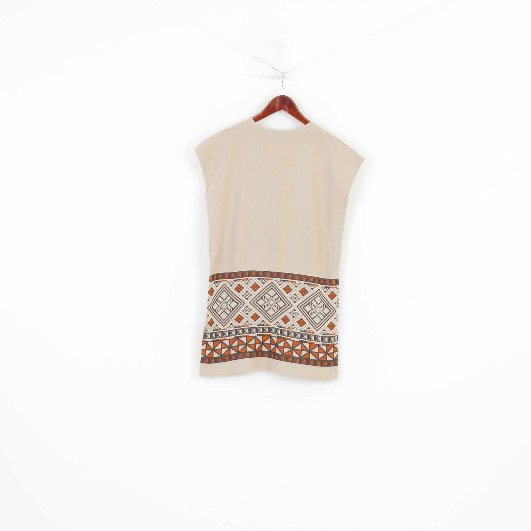 Madeleine Donna M 10/12 Canotta Camicia Beige Cotone Scollo a V Stampa geometrica