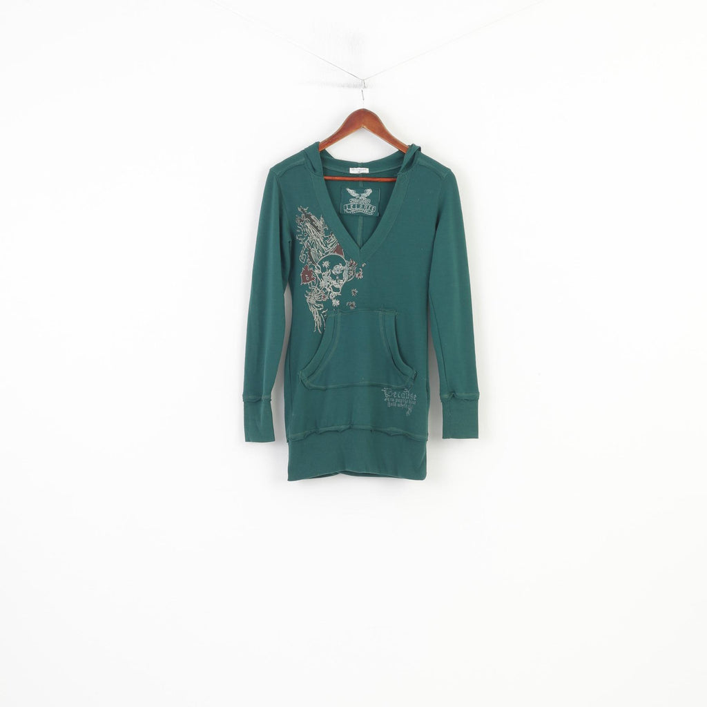 M.Elysse Women M Sweatshirt Green Hooded Long Tunic Kangaroo Pocket V Neck Vintage Top
