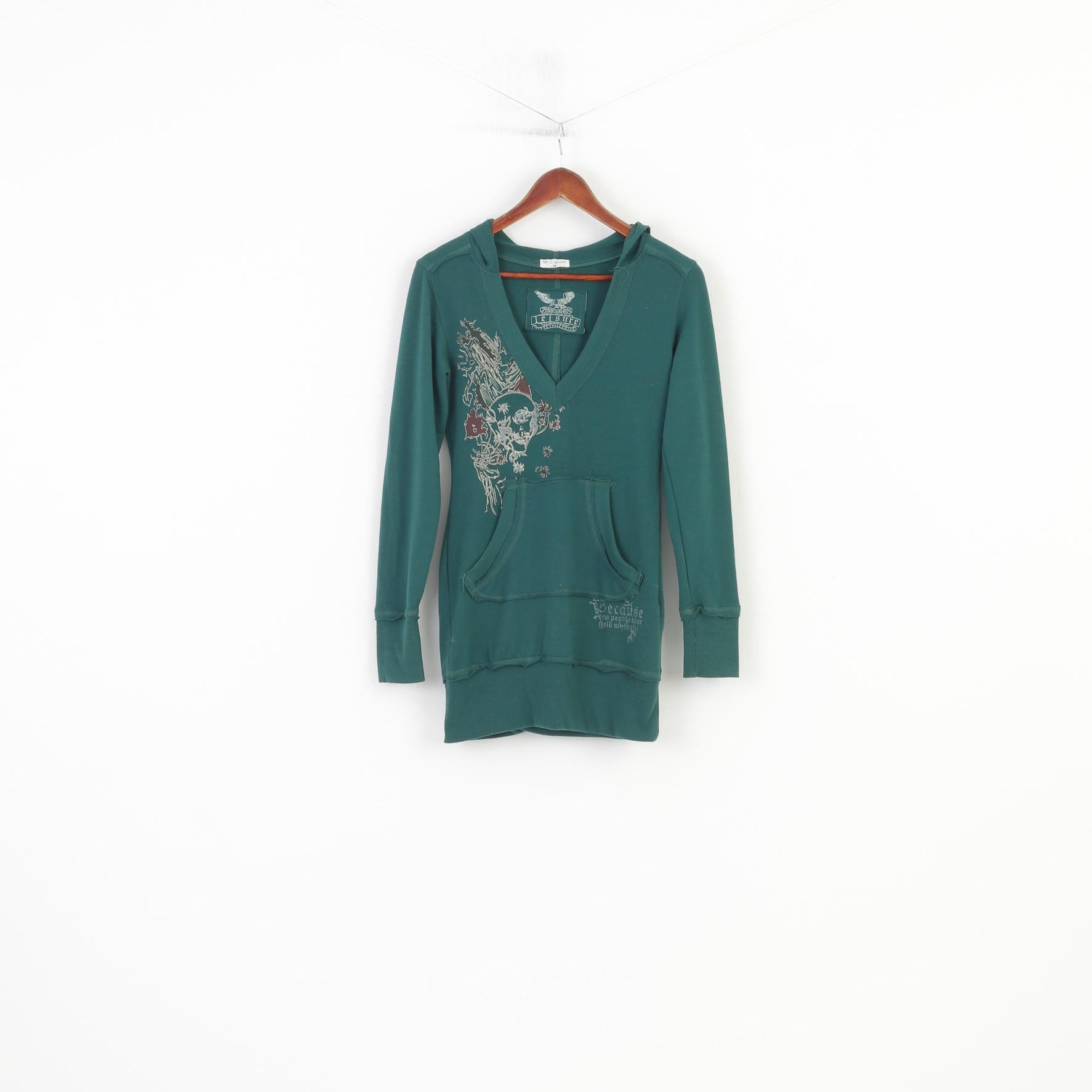 M.Elysse Women M Sweatshirt Green Hooded Long Tunic Kangaroo Pocket V Neck Vintage Top