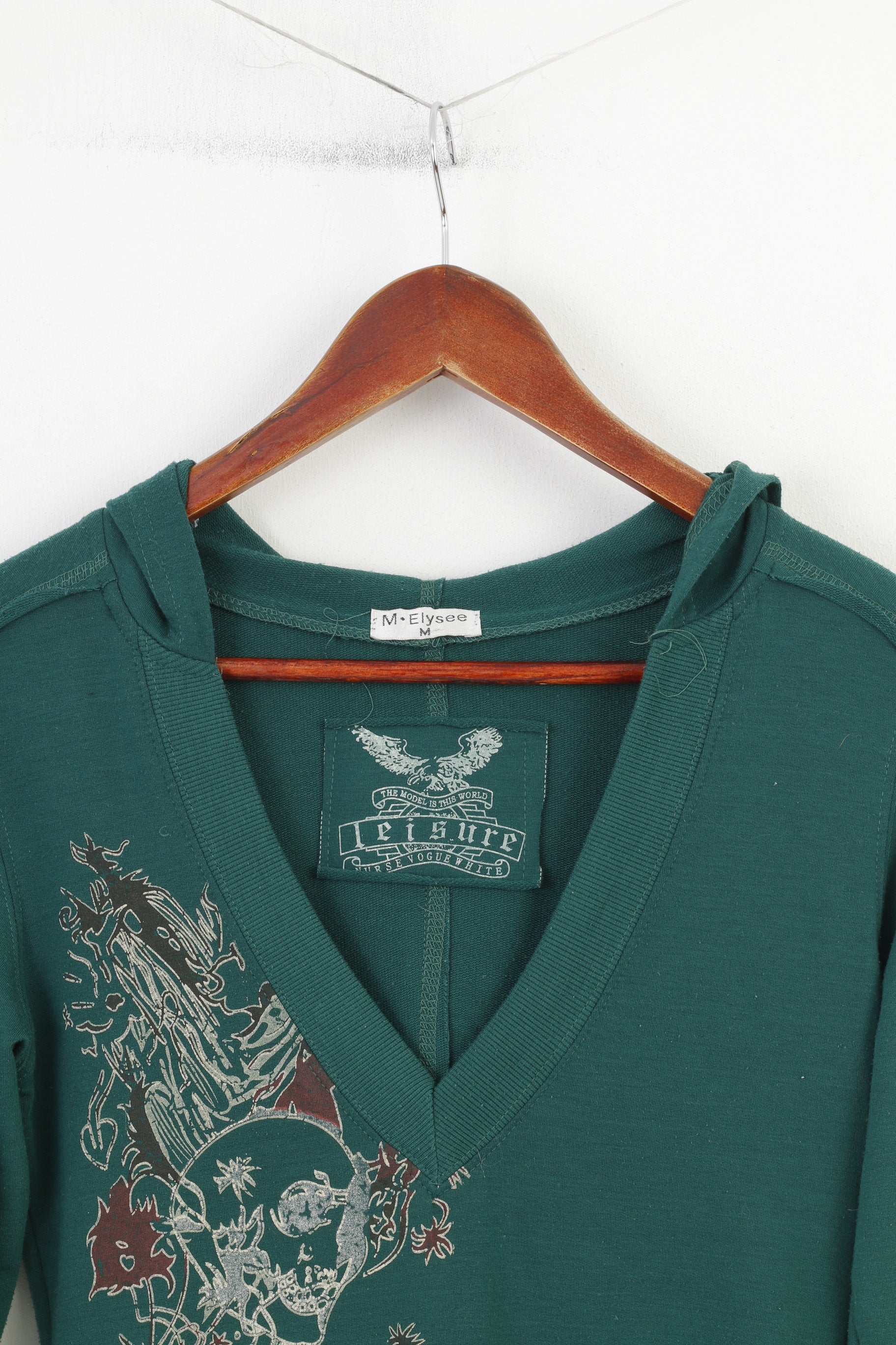 M.Elysse Women M Sweatshirt Green Hooded Long Tunic Kangaroo Pocket V Neck Vintage Top