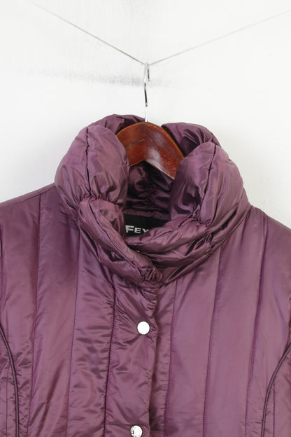 Feyem Veste pour femme en nylon brillant violet rembourré longue fabriquée en Italie avec col à fermeture éclair et bas à boutons-pression