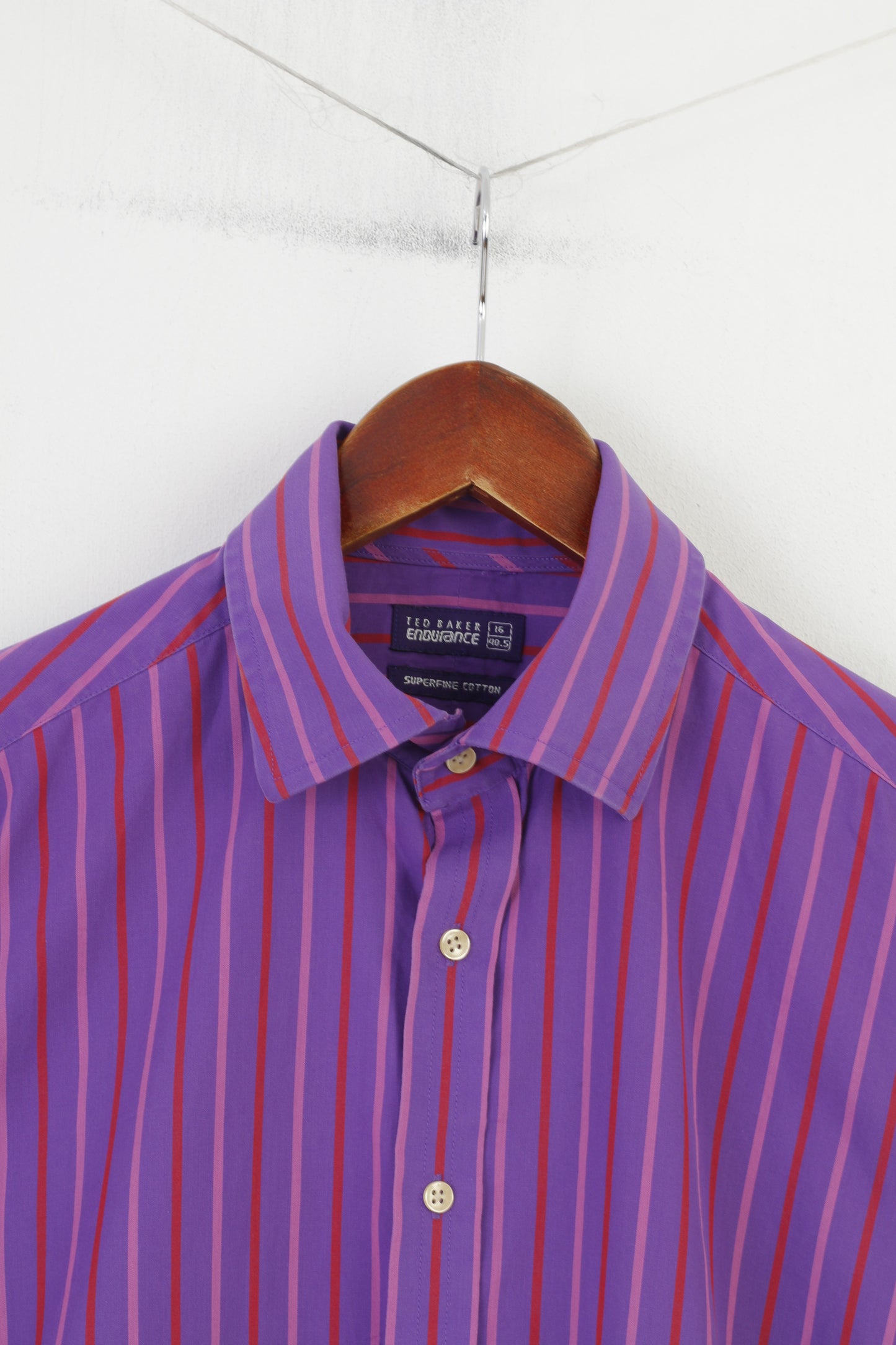 Ted Baker Endurance Men 16 40.5 Chemise décontractée Violet Coton Rayé Boutons de Manchette Col Haut