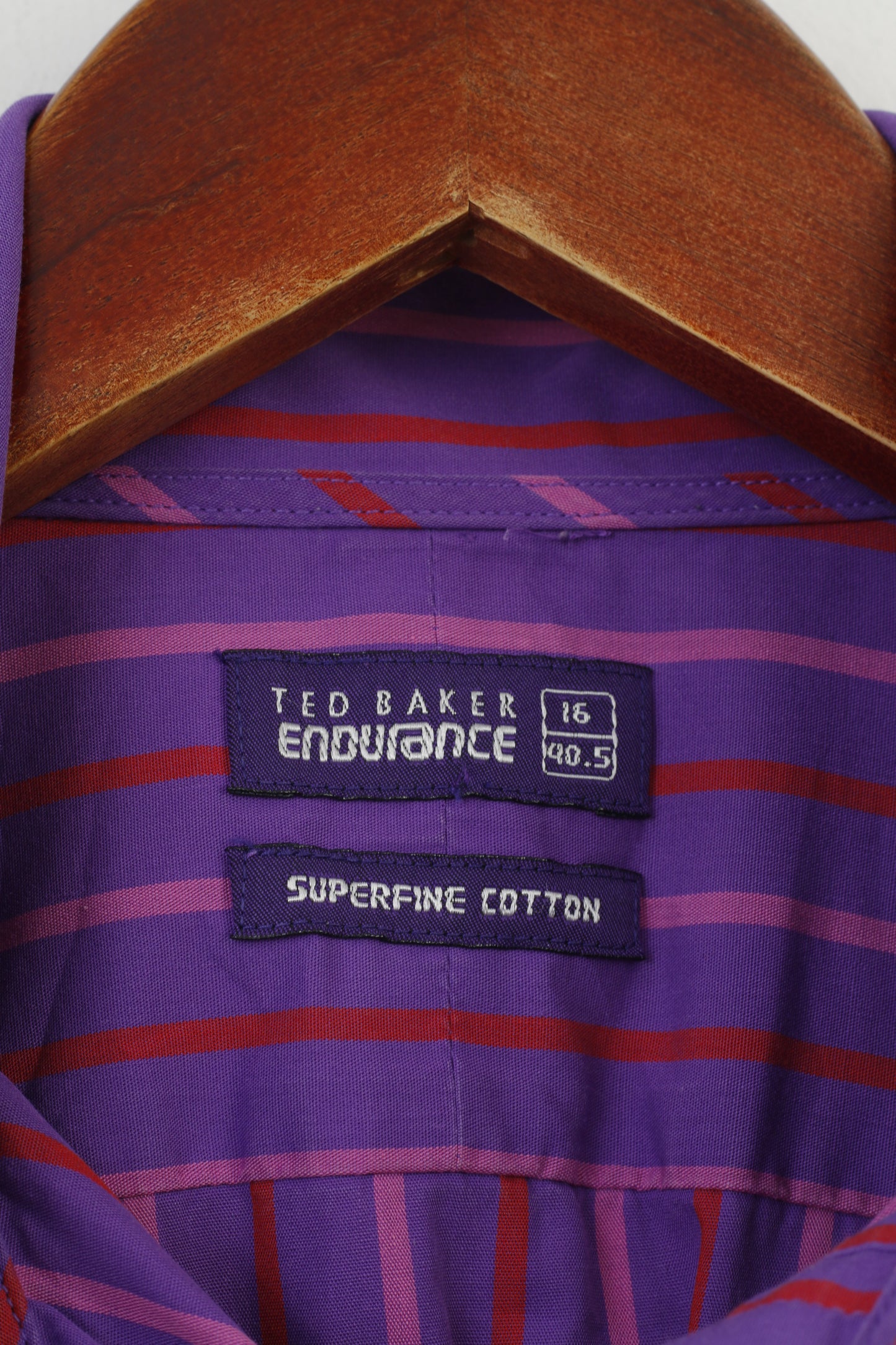 Ted Baker Endurance Men 16 40.5 Chemise décontractée Violet Coton Rayé Boutons de Manchette Col Haut