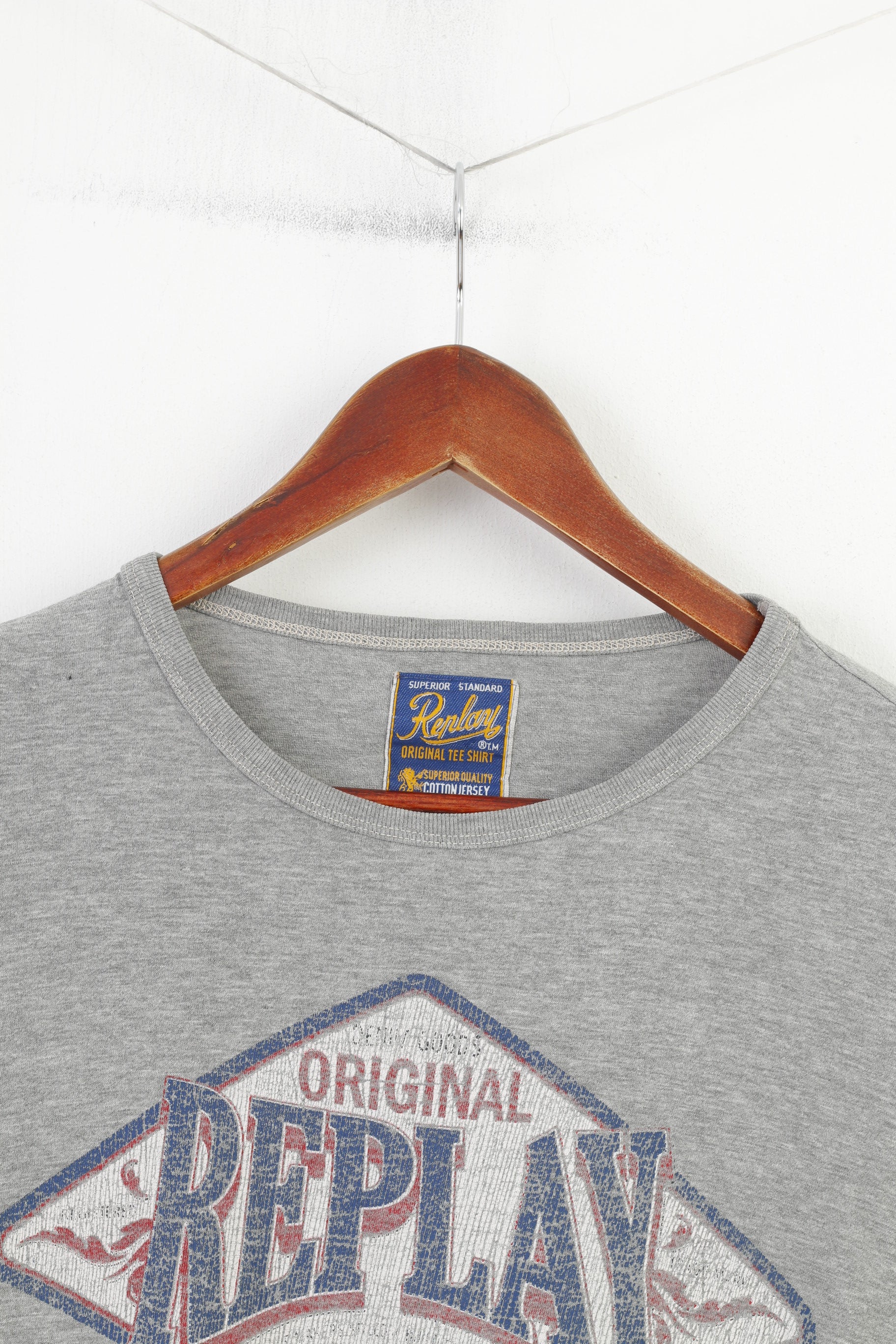 Replay Men XL Shirt Long Sleeve Cotton Grey Logo Casual Fit Sportswear Top