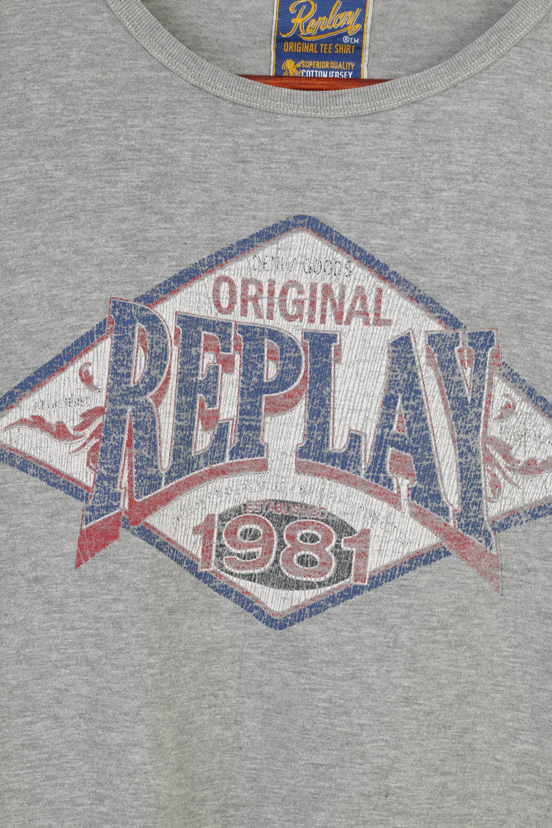 Replay Men XL Shirt Long Sleeve Cotton Grey Logo Casual Fit Sportswear Top