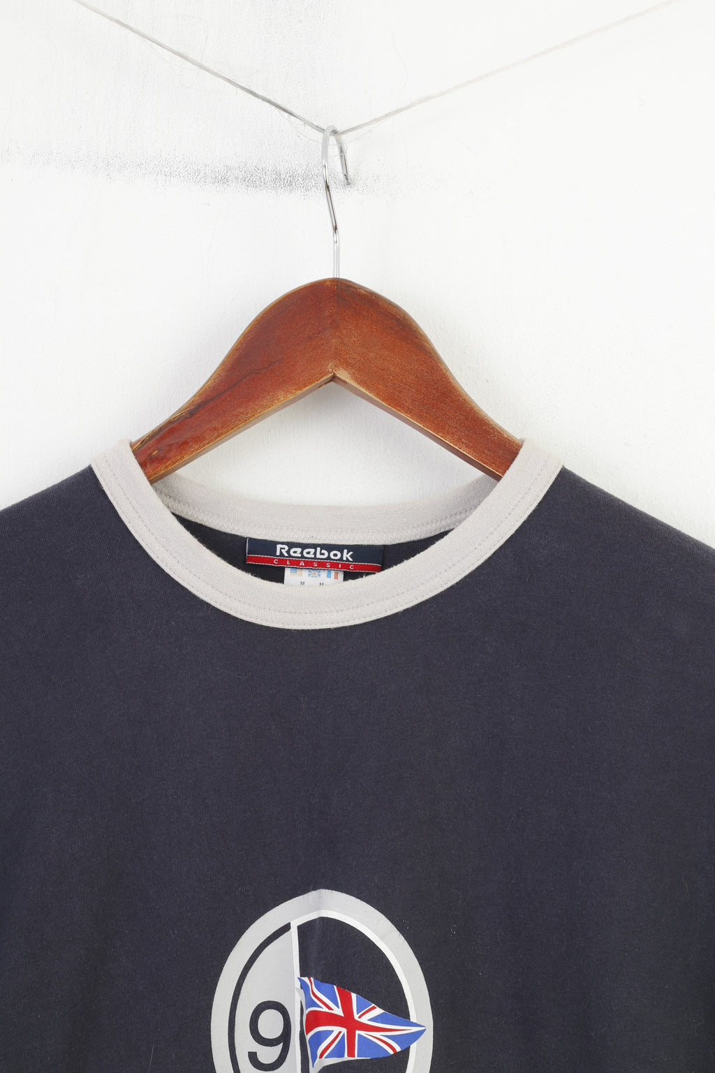 Reebok Classic Femmes M Chemise Marine Coton Angleterre Vintage Ras Du Cou Haut