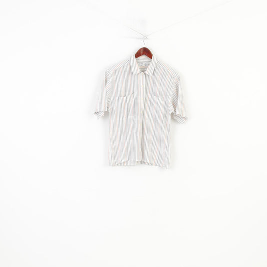 Jaeger Women M Casual Shirt White Striped Short Sleeve  Cotton Collar Classic Top