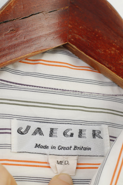 Jaeger Women M Casual Shirt White Striped Short Sleeve  Cotton Collar Classic Top