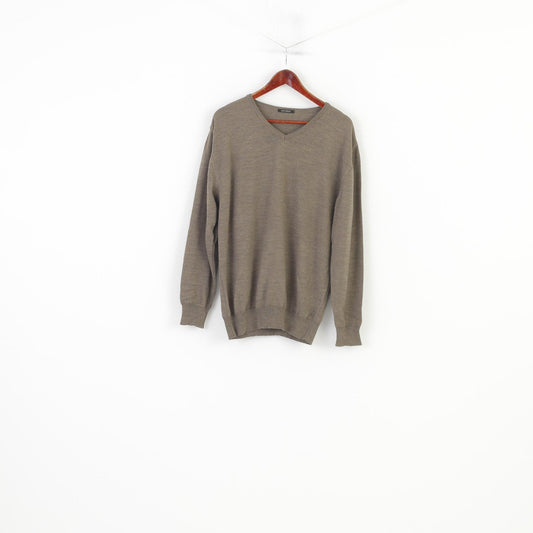 Rene Lezard Men 54 XL Jumper Brown Grey  Merino Wool Made in Italy Sweater V Neck Vintage Top