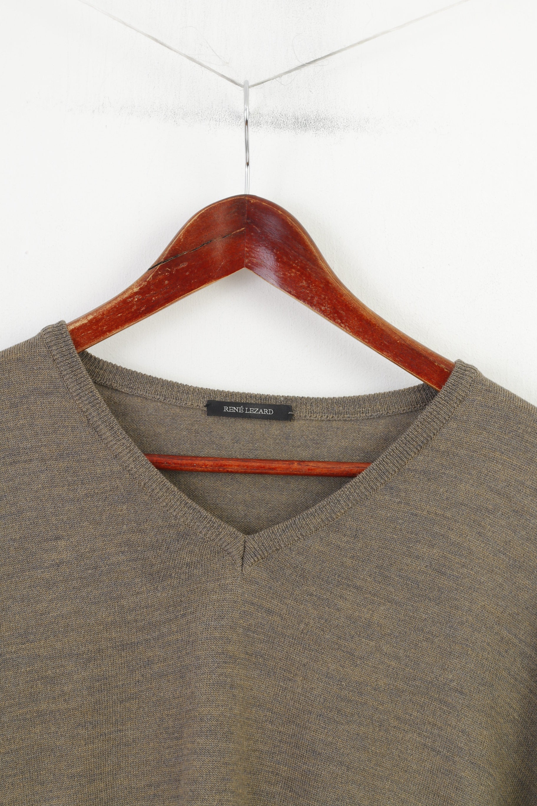 Rene Lezard Men 54 XL Jumper Brown Grey  Merino Wool Made in Italy Sweater V Neck Vintage Top