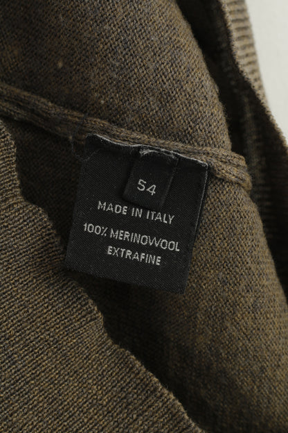 René Lezard Homme 54 XL Pull Marron Gris Laine Mérinos Fabriqué en Italie Pull Col V Haut Vintage