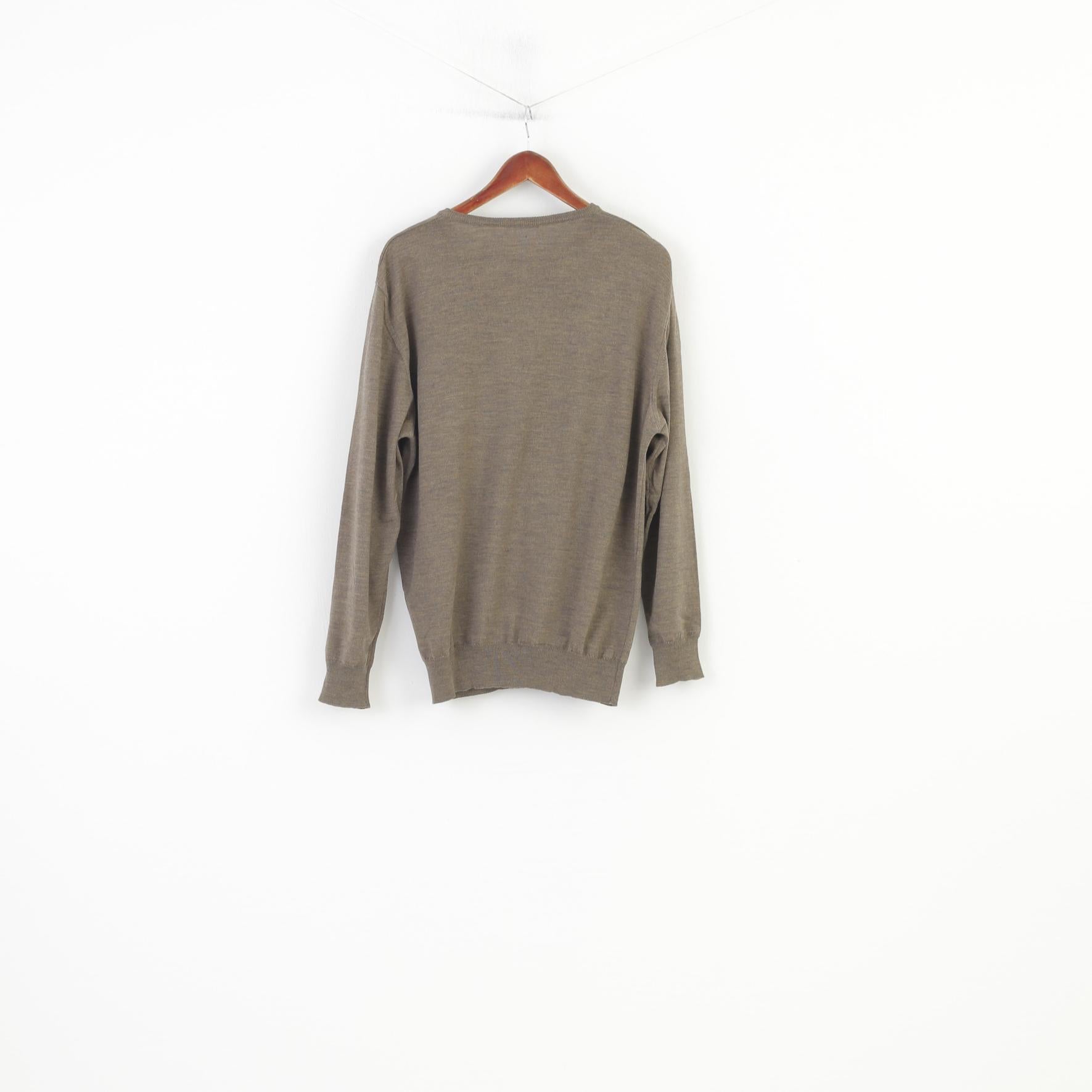 Rene Lezard Men 54 XL Jumper Brown Grey  Merino Wool Made in Italy Sweater V Neck Vintage Top