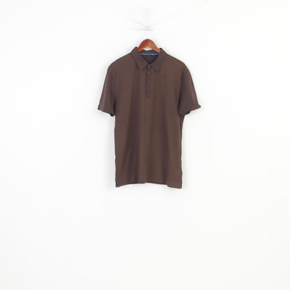 Esprit Men XL Polo Shirt Brown Checkered Cotton Detailed Buttons Classic Collar Vintage Short Sleeve  Top