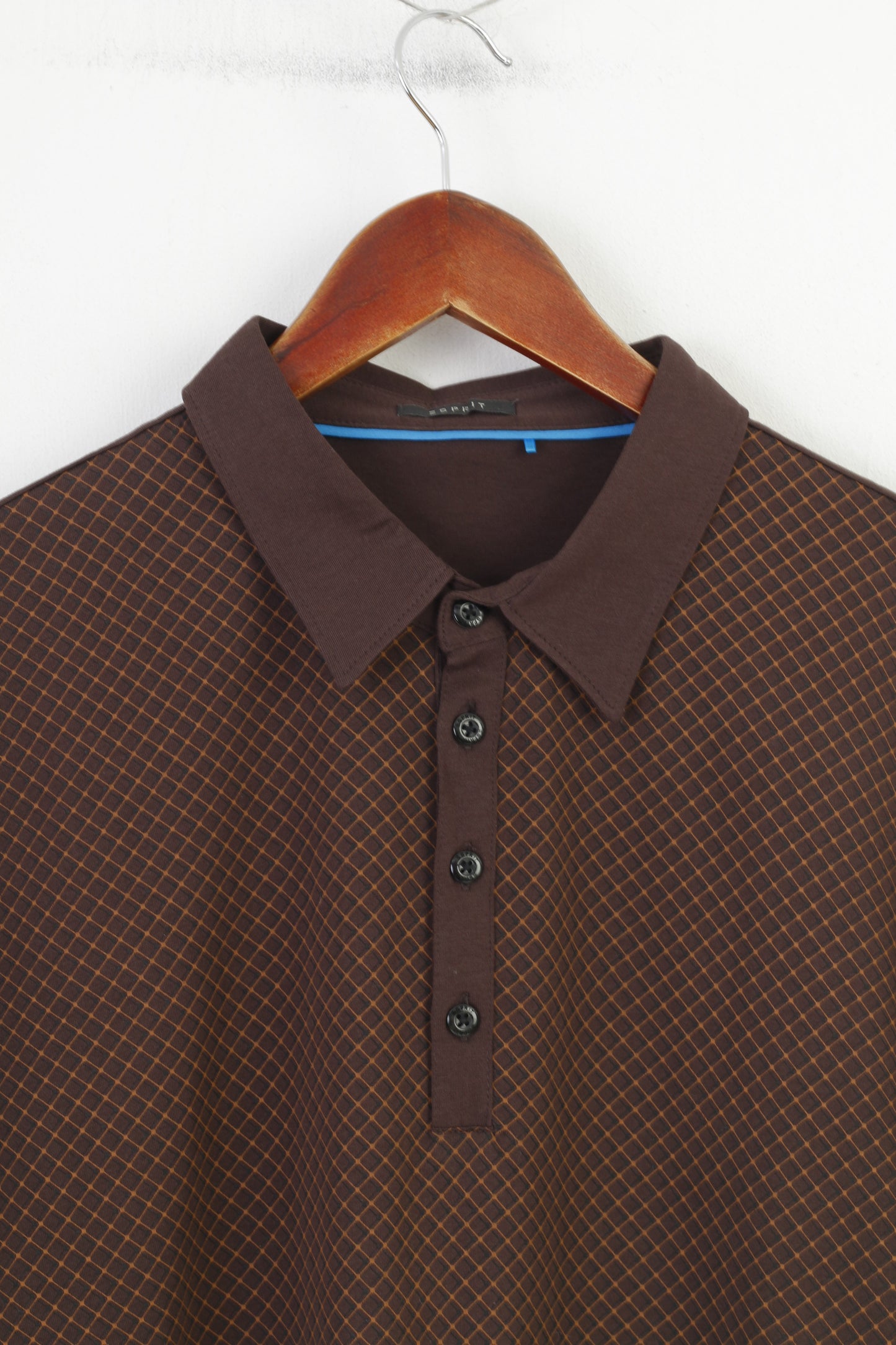 Polo Esprit da uomo XL in cotone a quadretti marrone con bottoni dettagliati, colletto classico, top a maniche corte vintage