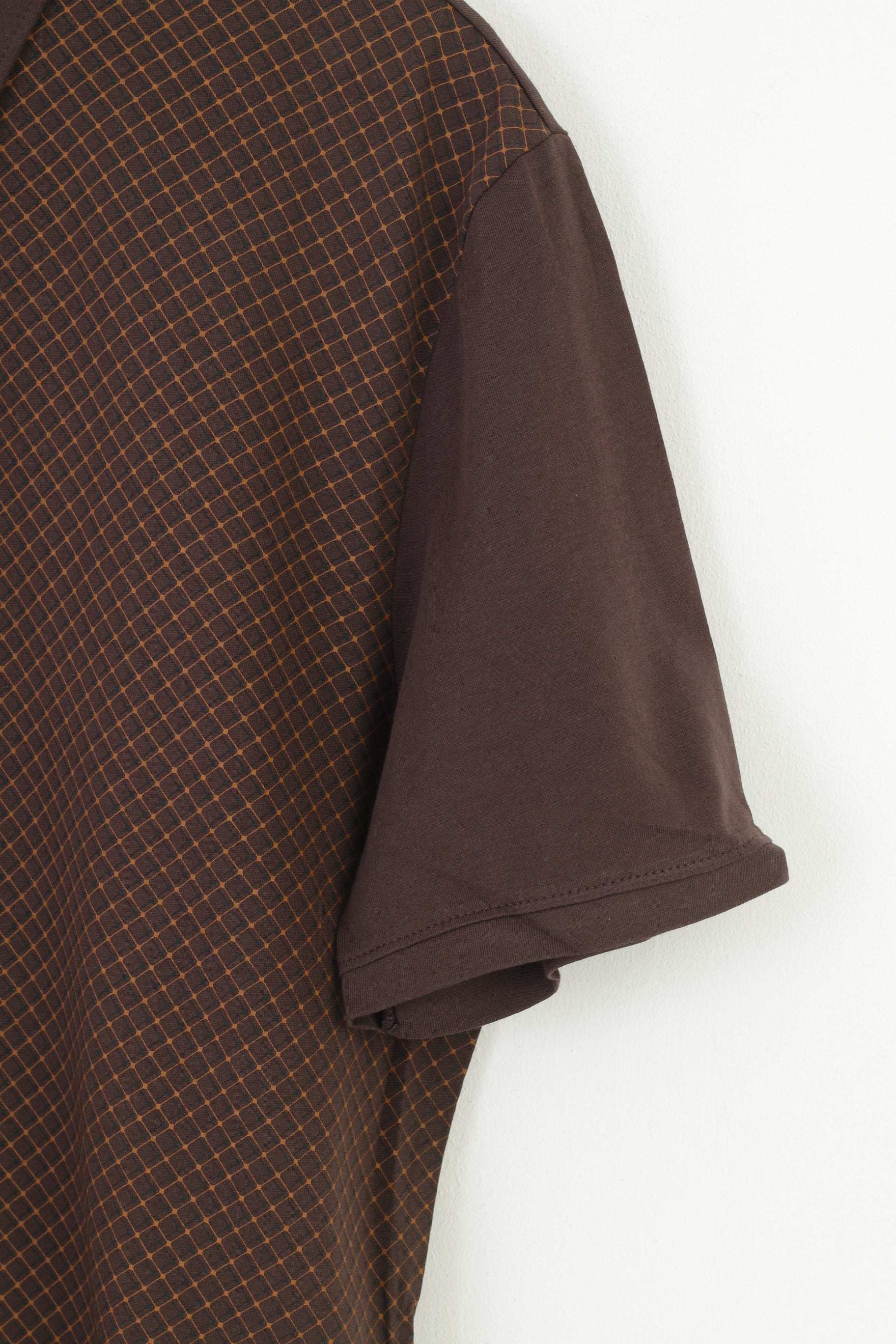 Esprit Men XL Polo Shirt Brown Checkered Cotton Detailed Buttons Classic Collar Vintage Short Sleeve  Top