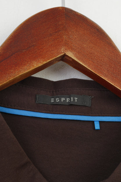 Polo Esprit da uomo XL in cotone a quadretti marrone con bottoni dettagliati, colletto classico, top a maniche corte vintage