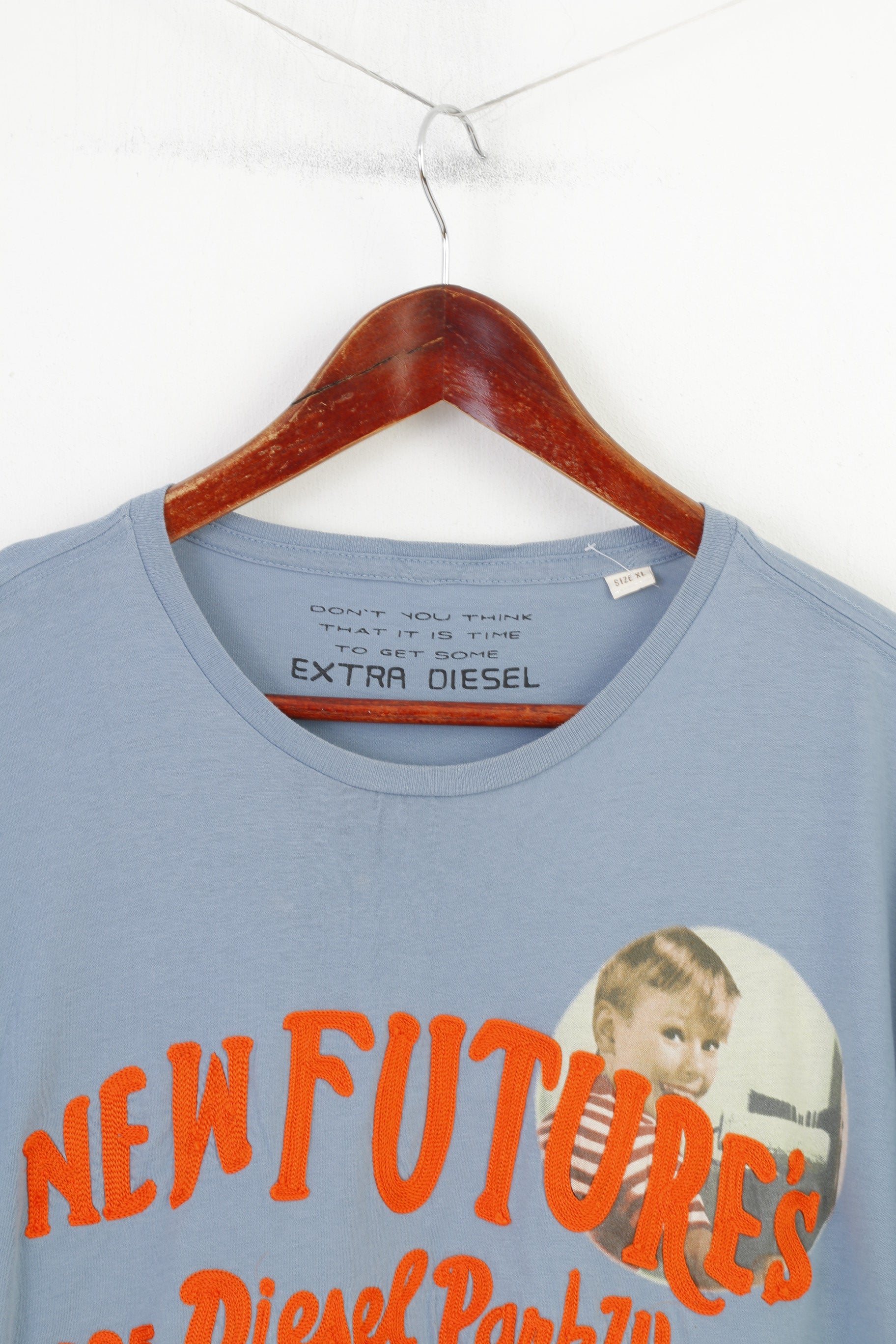 Diesel Men XL T- Shirt Blue Cotton Emroidered Graphic Classic Tee  Crew Neck Top