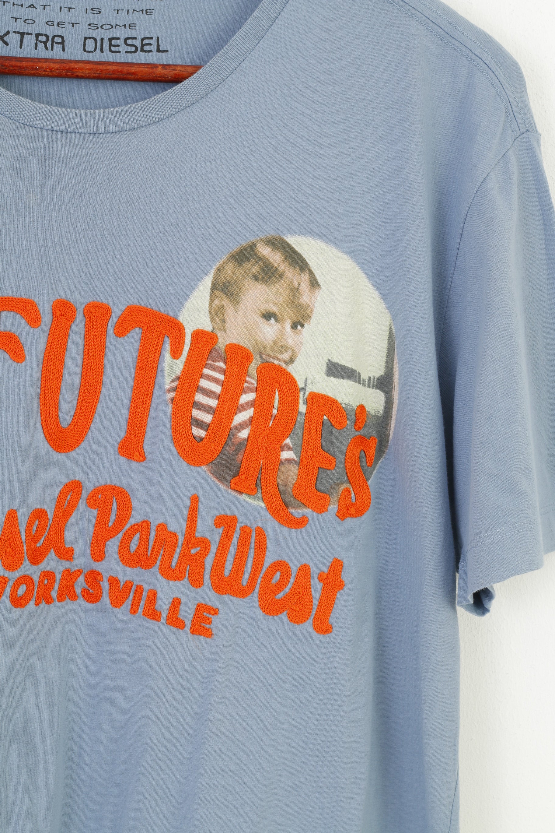 Diesel Men XL T- Shirt Blue Cotton Emroidered Graphic Classic Tee  Crew Neck Top