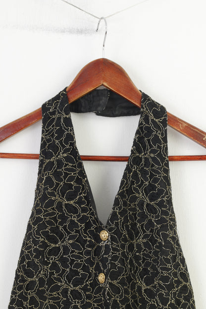 Precis Women 10 M Vest Buttons Front Black Embroidered Gold Vintage Elegant Top