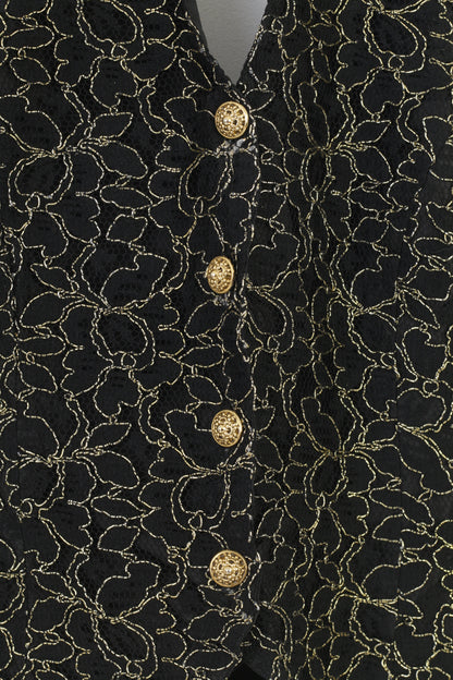 Precis Women 10 M Vest Buttons Front Black Embroidered Gold Vintage Elegant Top