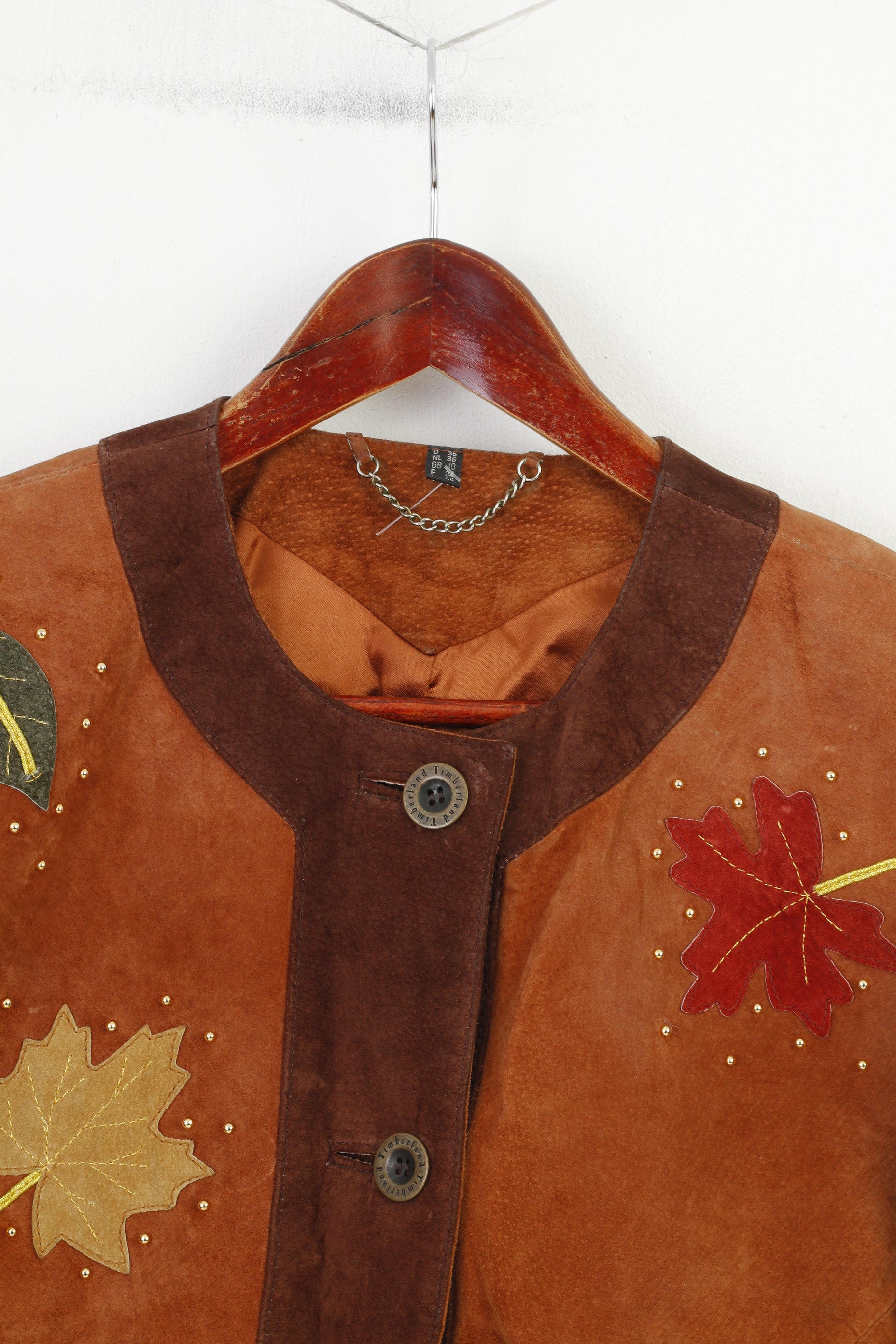 C&A Yessica Women 10 36 S Leather Jacket Shoulder Pads Suede Leaves Brown Vintage Bottoms Nature Print Top