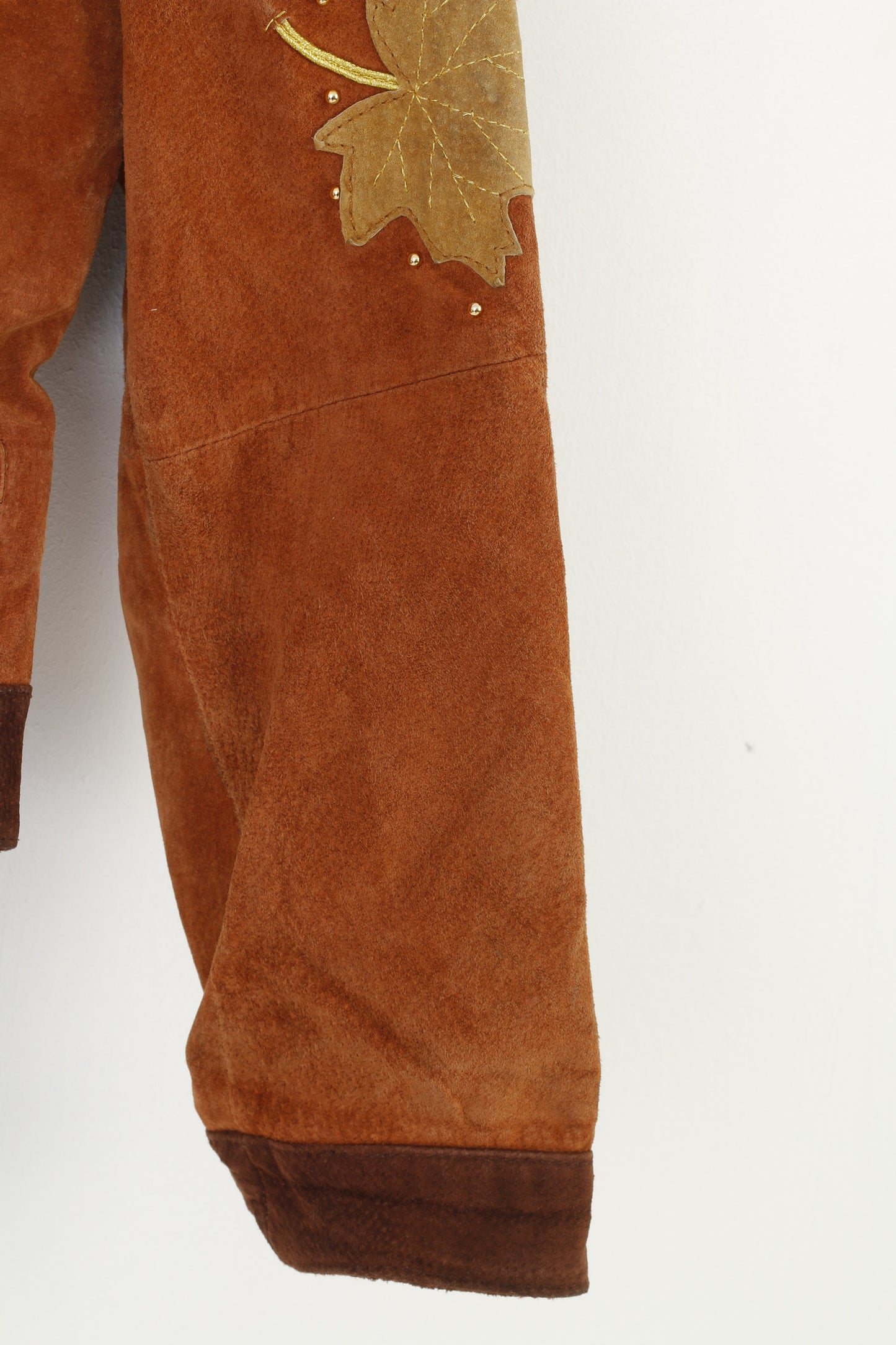 C&amp;A Yessica Donna 10 36 S Giacca in pelle Spalline Scamosciato Foglie Marrone Fondo vintage Stampa naturale Top