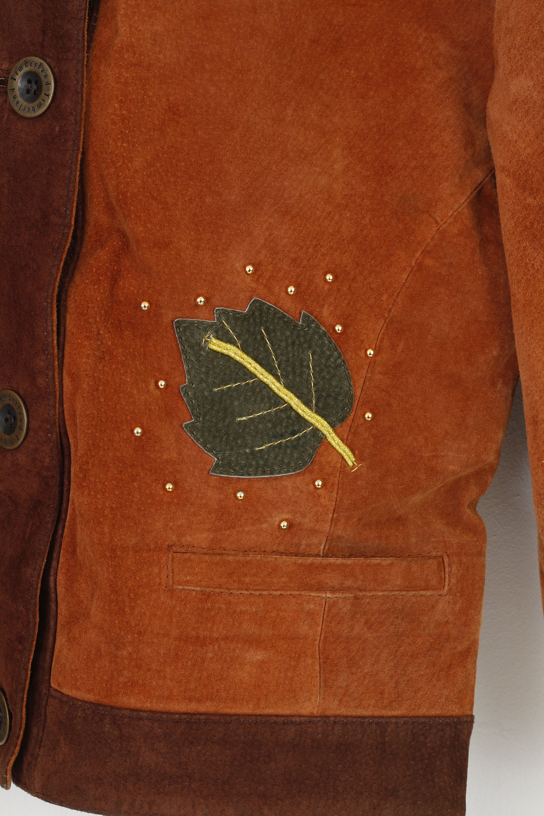 C&A Yessica Women 10 36 S Leather Jacket Shoulder Pads Suede Leaves Brown Vintage Bottoms Nature Print Top