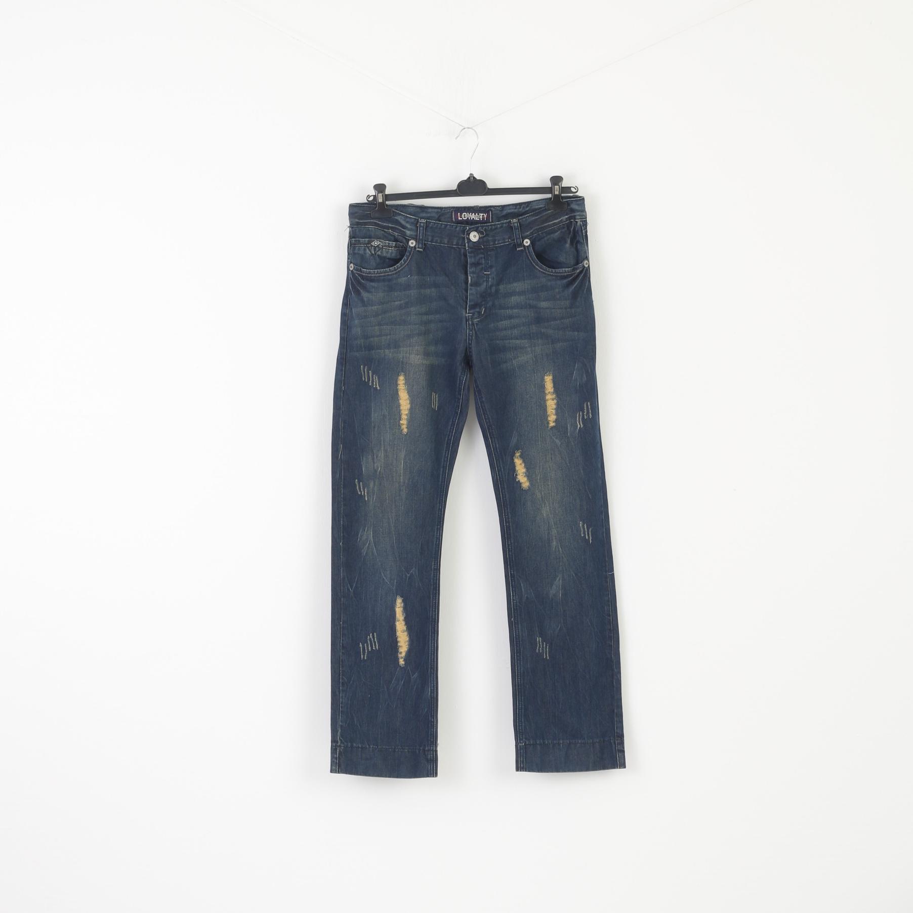 Loyalty Denim Men 34 50 Jeans Trousers Navy Cotton Straight Ripped Pants