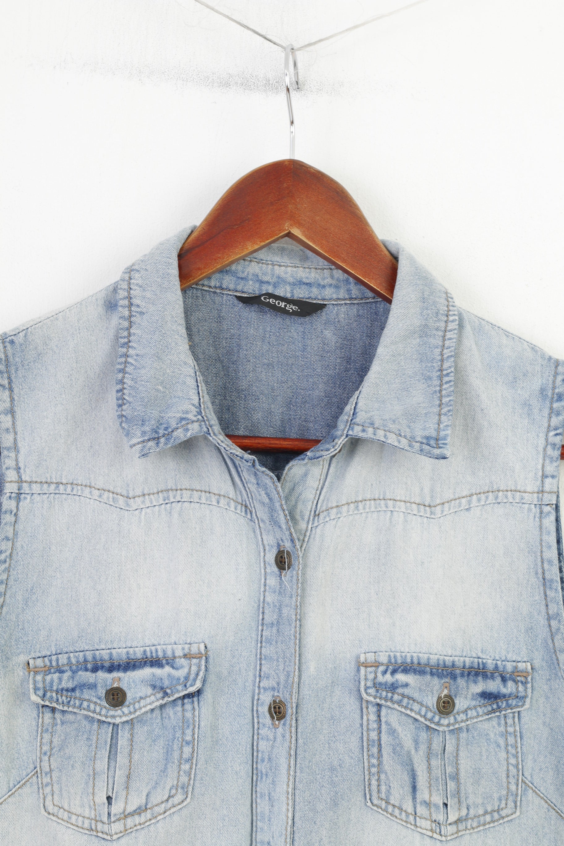 George femmes 14 42 M gilet Denim détaillé coton poches jean bleu sans manches bas haut Vintage