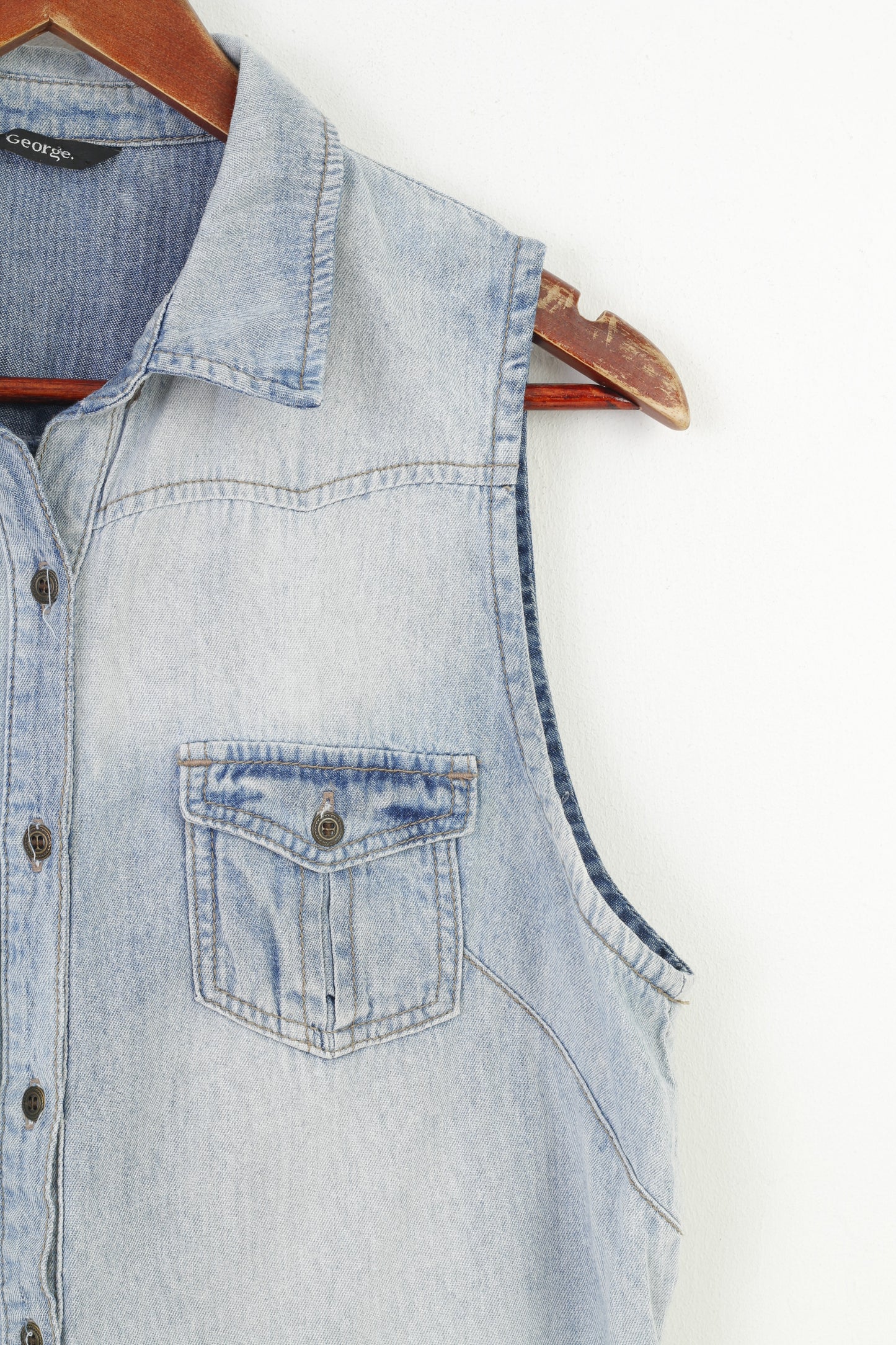 George femmes 14 42 M gilet Denim détaillé coton poches jean bleu sans manches bas haut Vintage