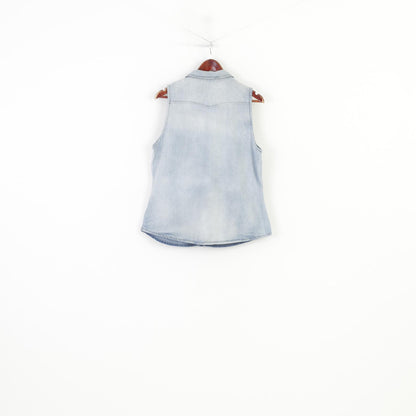 George Women 14 42 M Vest Denim  Detailed Cotton Pockets Jeans Blue Sleeveless Bottoms  Vintage Top