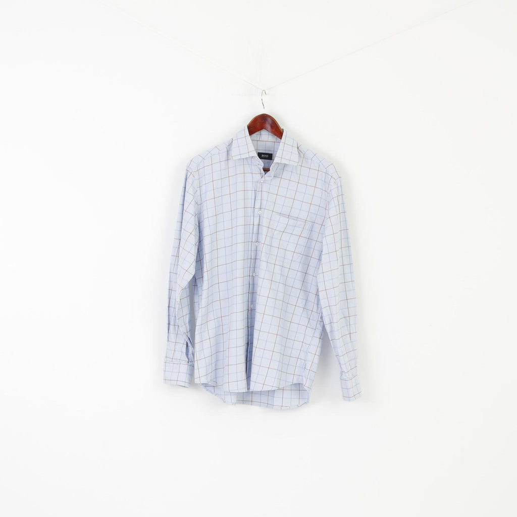 Hugo Boss Men 40  15 3/4 XL Casual Shirt Blue Check Cotton Long Sleeve Top